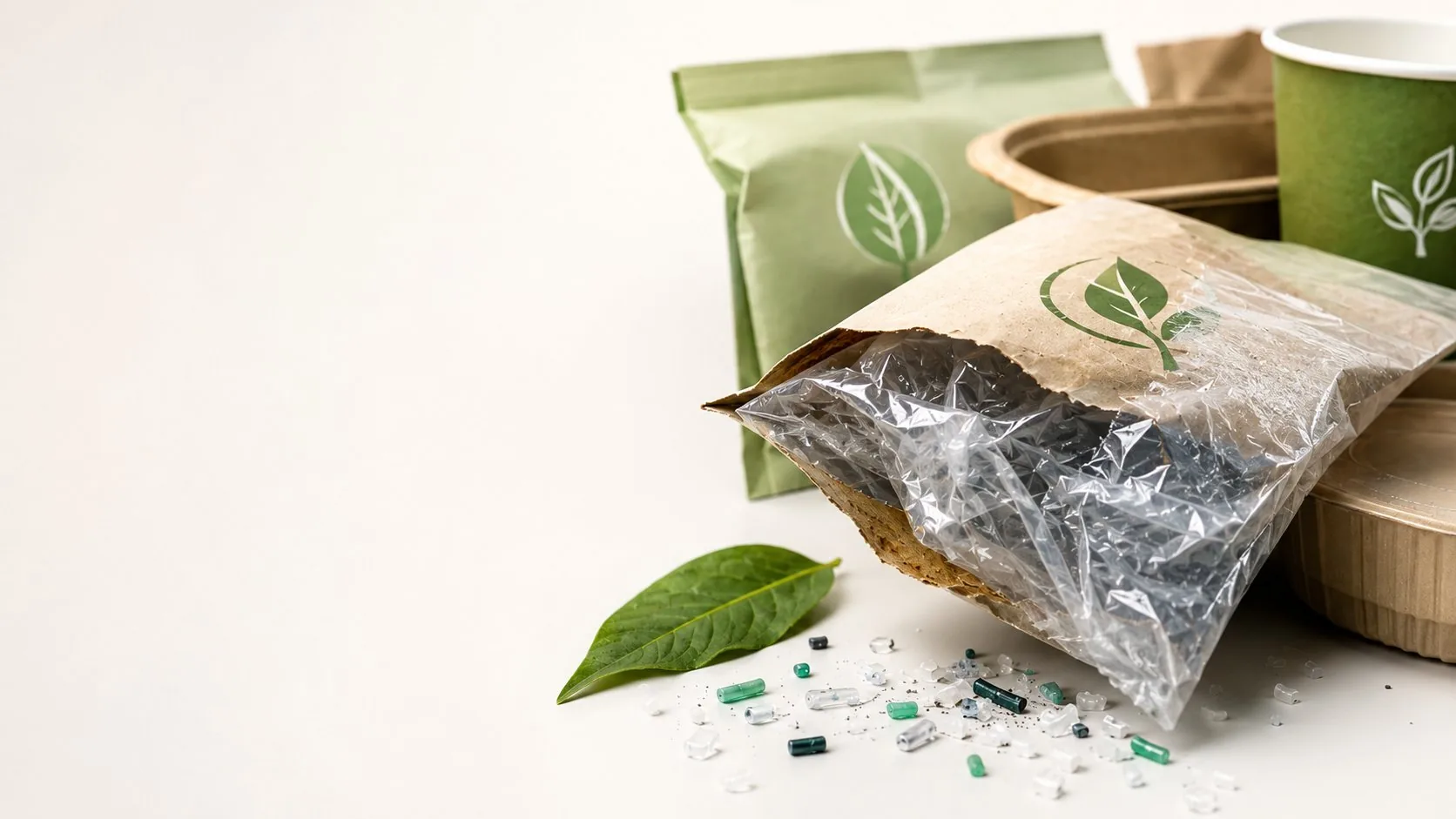 Empaque con logo ecológico que contiene plástico convencional greenwashing