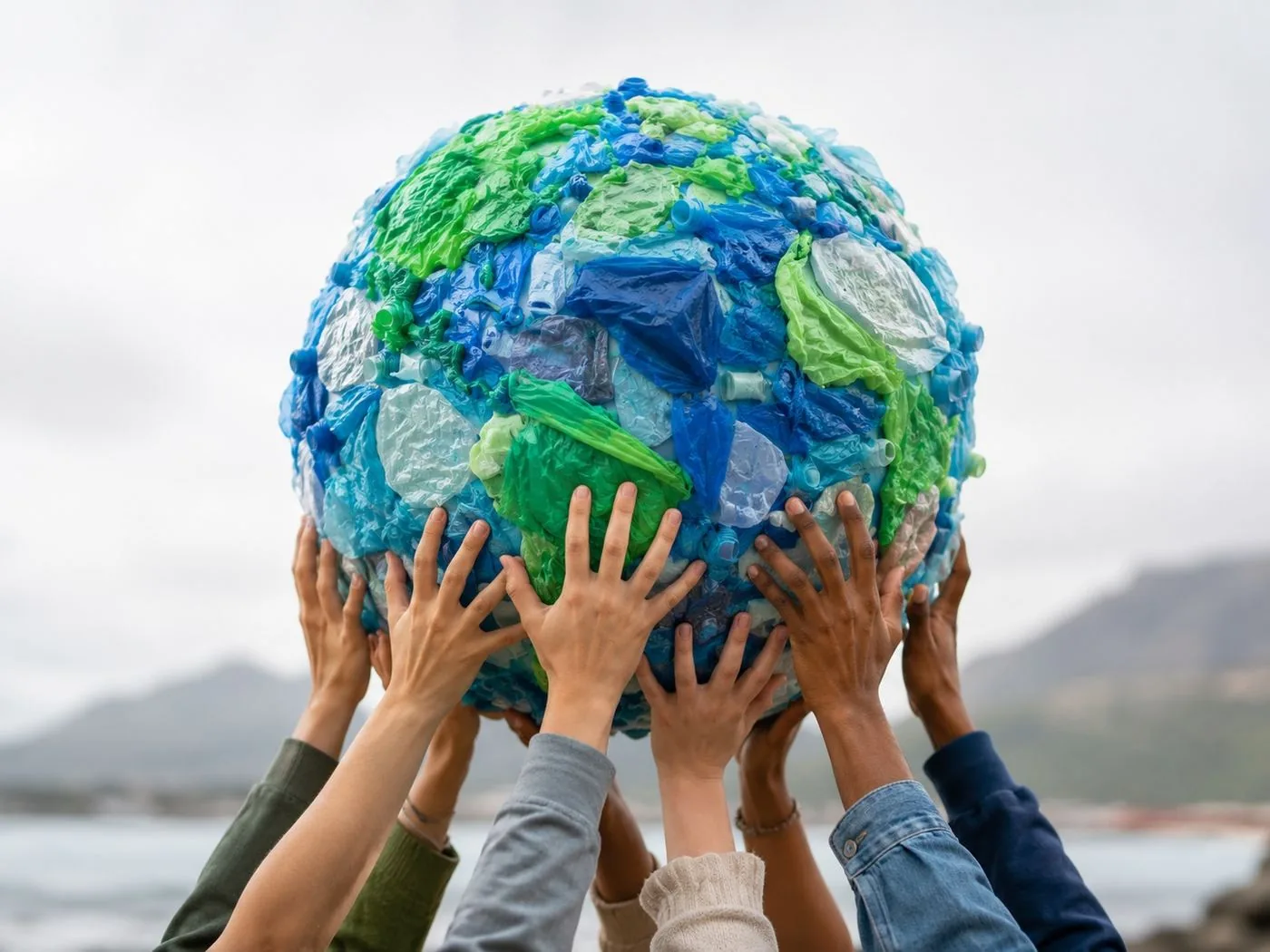 Globo terrestre formado con plásticos reciclados contaminación mundial