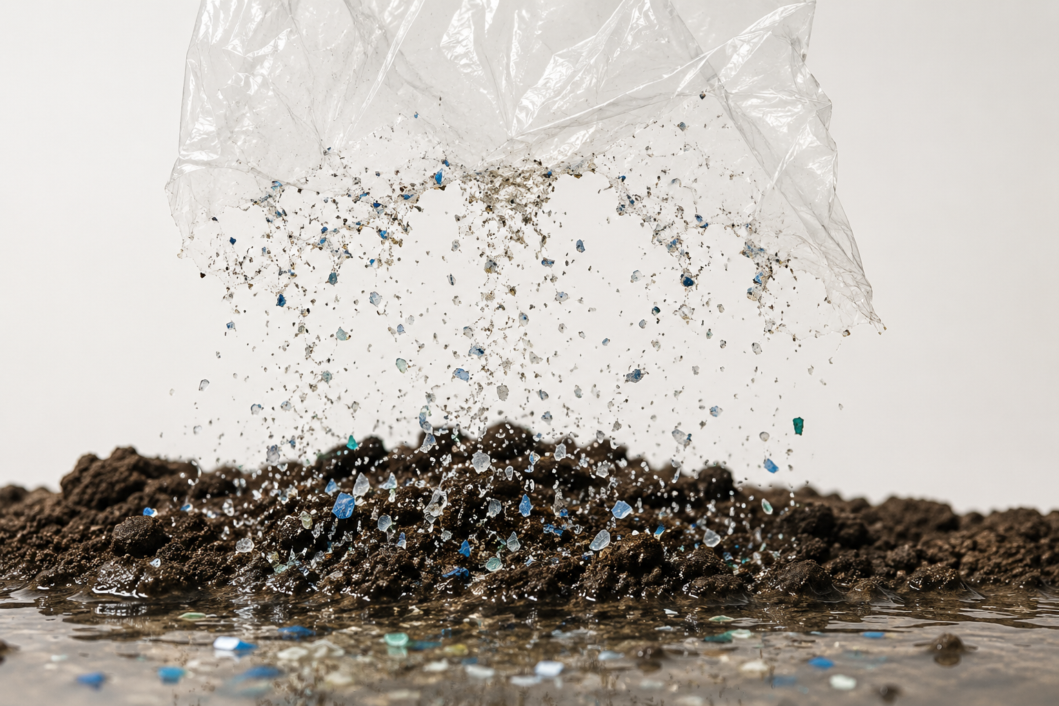 Bolsa plástica fragmentándose en microplásticos que caen al suelo y agua
