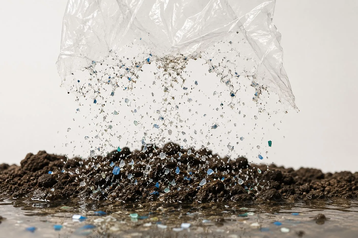 Bolsa plástica fragmentándose en microplásticos en el suelo