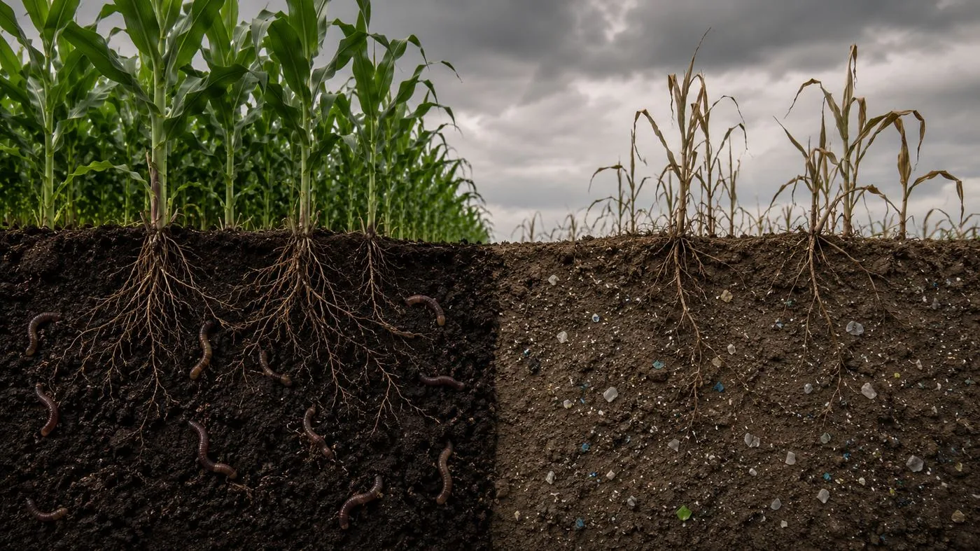 Suelo agrícola sano versus contaminado con microplásticos de polietileno